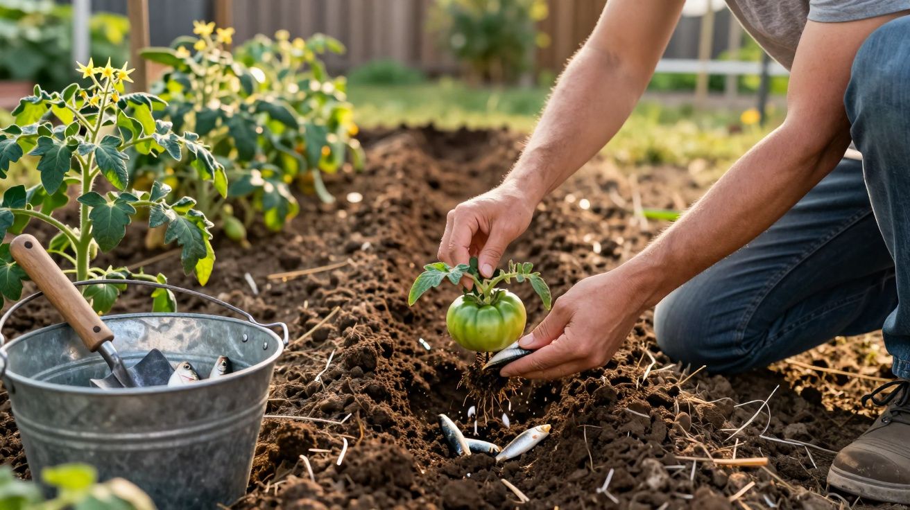 Pessoa a plantar uma muda de tomate com fertilizante natural (peixes) num canteiro de jardim.