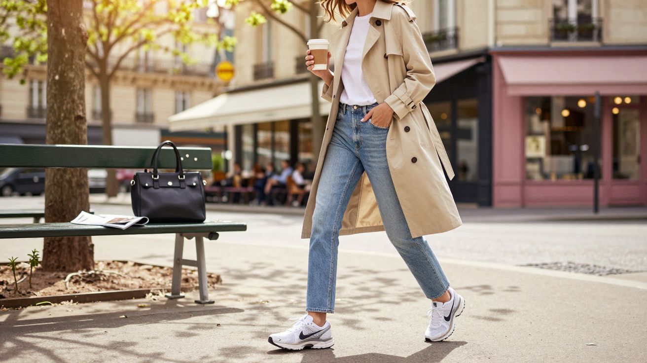 Mulher a andar na rua com casaco longo bege, jeans, ténis brancos e a segurar um copo de café.