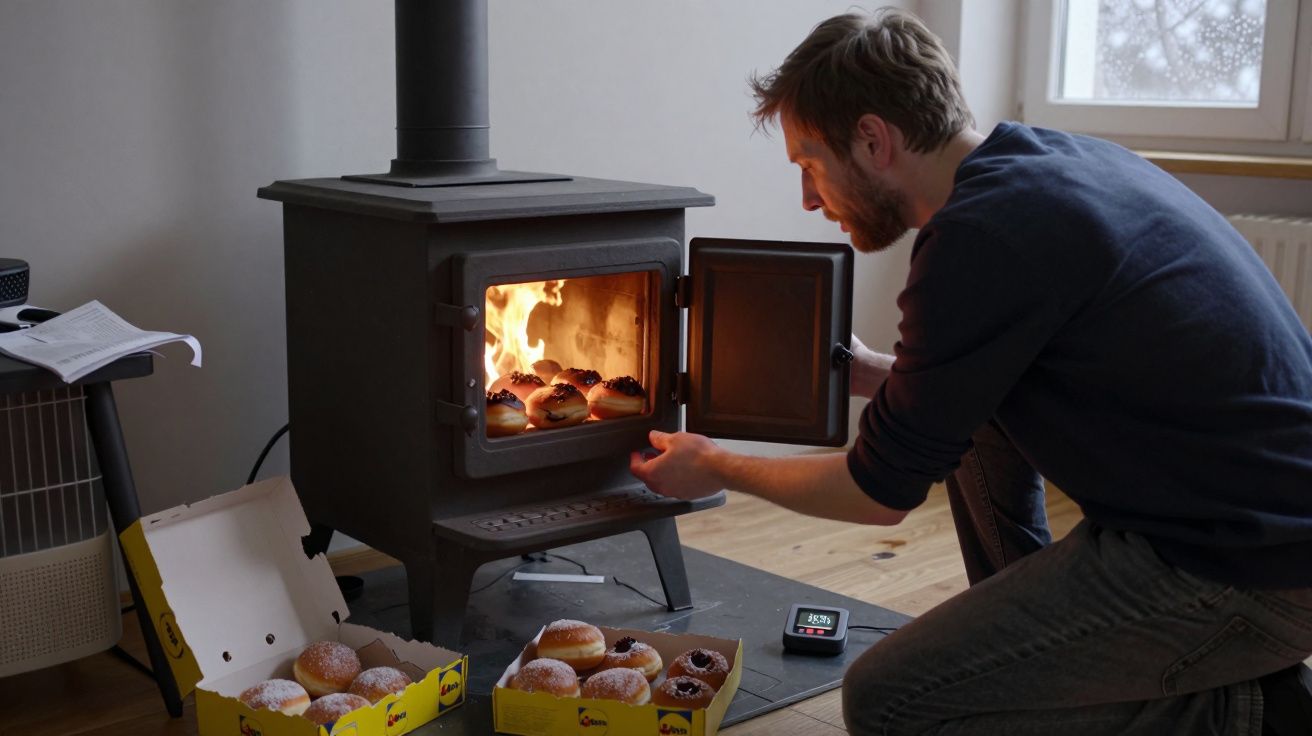 Homem a aquecer donuts na lareira a lenha numa sala com chão de madeira.