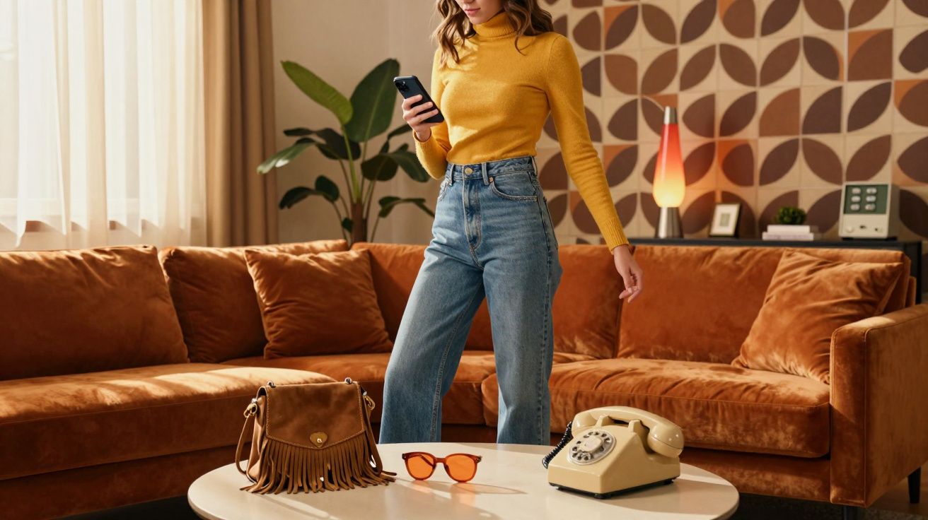 Jovem de suéter amarelo e jeans a usar telemóvel numa sala com sofá castanho e telefone antigo.