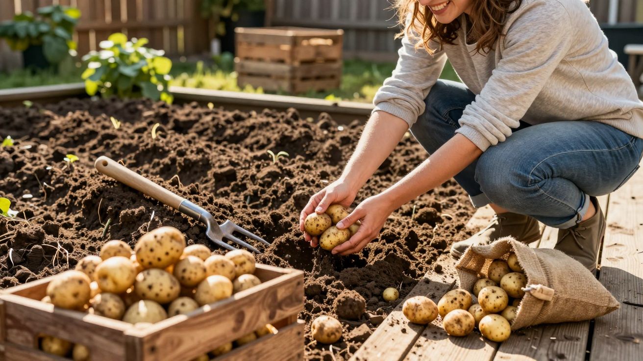 Pessoa a apanhar batatas num jardim, com batatas numa caixa de madeira e saco de pano ao lado.