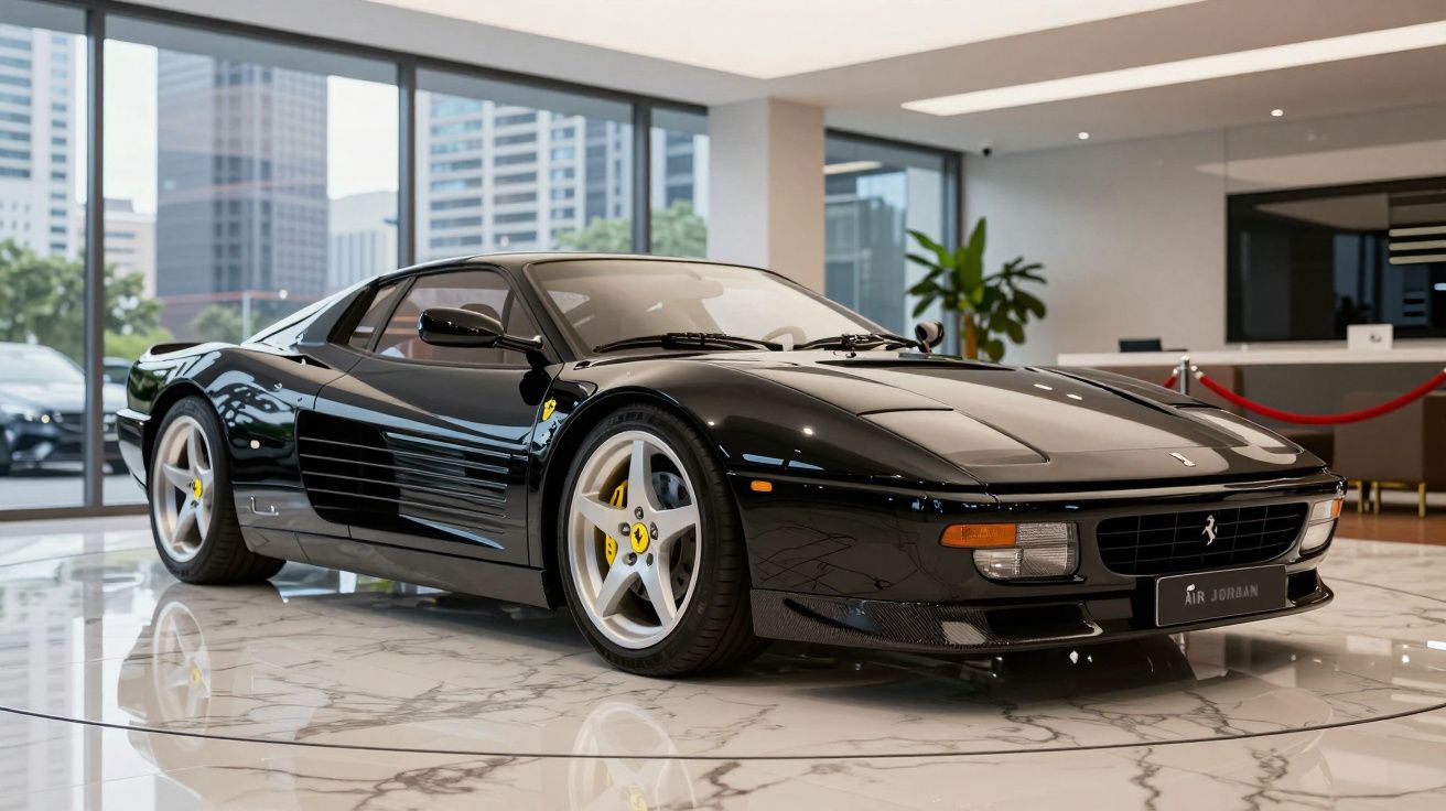 Ferrari preta clássica estacionada em showroom com chão de mármore e janelas grandes ao fundo.