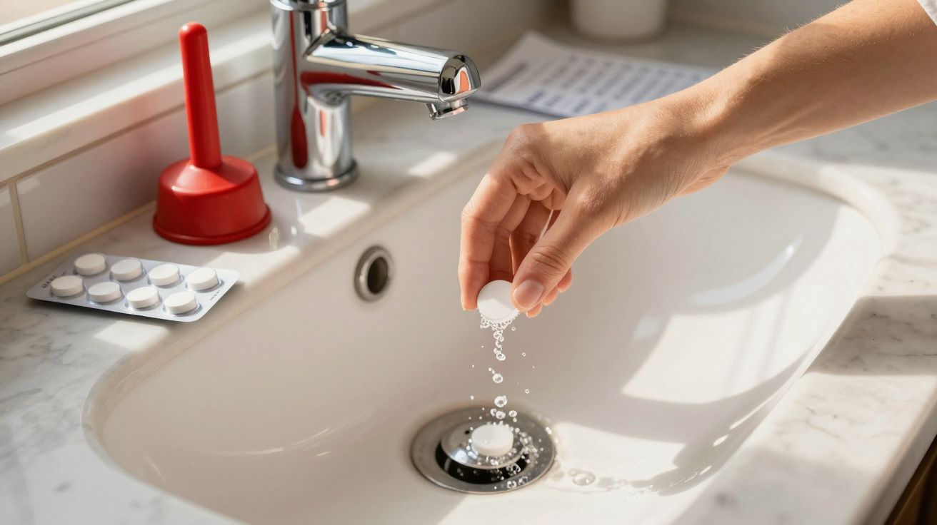 Mão a colocar pastilha efervescente na água da pia, com blister de comprimidos e desentupidor ao fundo.