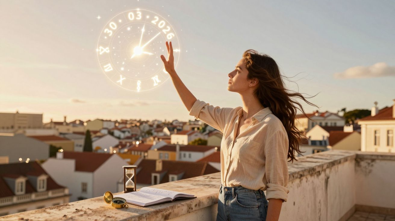 Mulher numa varanda ao pôr do sol toca um relógio digital flutuante com data e números romanos.