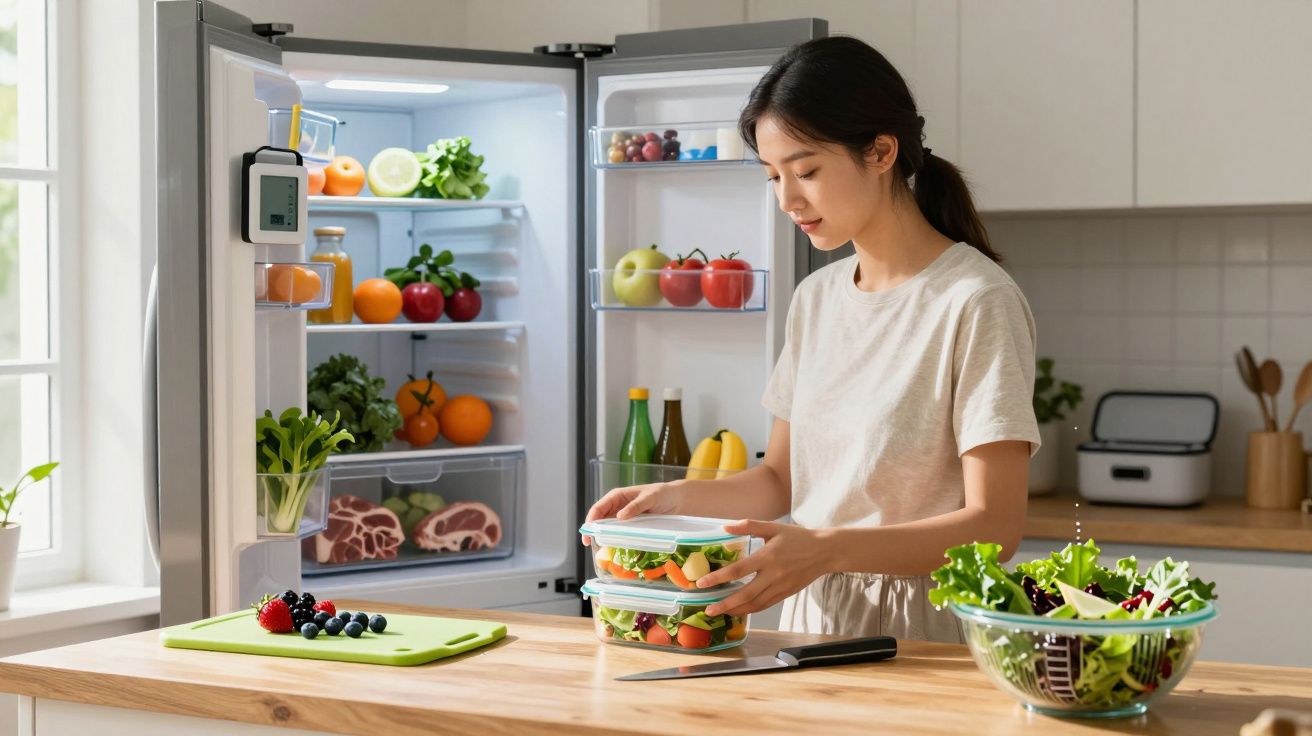 Mulher a preparar salada saudável com vegetais na cozinha, com frigorífico aberto ao fundo.