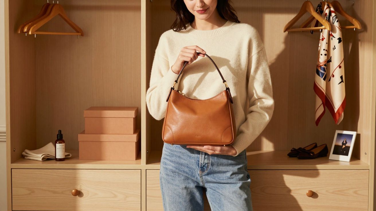 Mulher segura mala castanha frente a armário de madeira com cabides e acessórios.