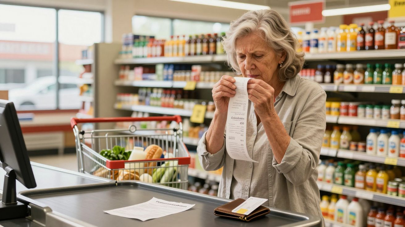 Mulher idosa no supermercado lê atentamente o talão de compras junto ao carrinho cheio de alimentos.