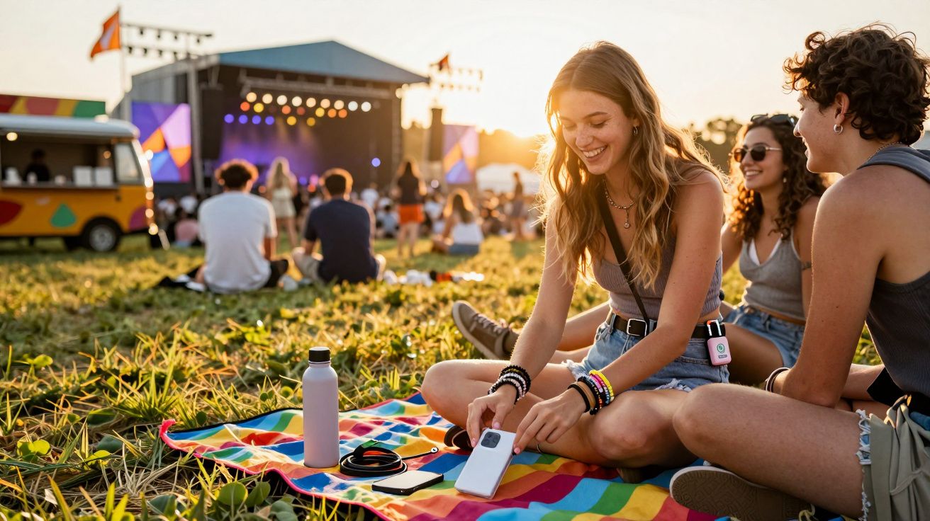 Jovens sentados em manta colorida numa festival ao ar livre com palco e autocaravana ao fundo.