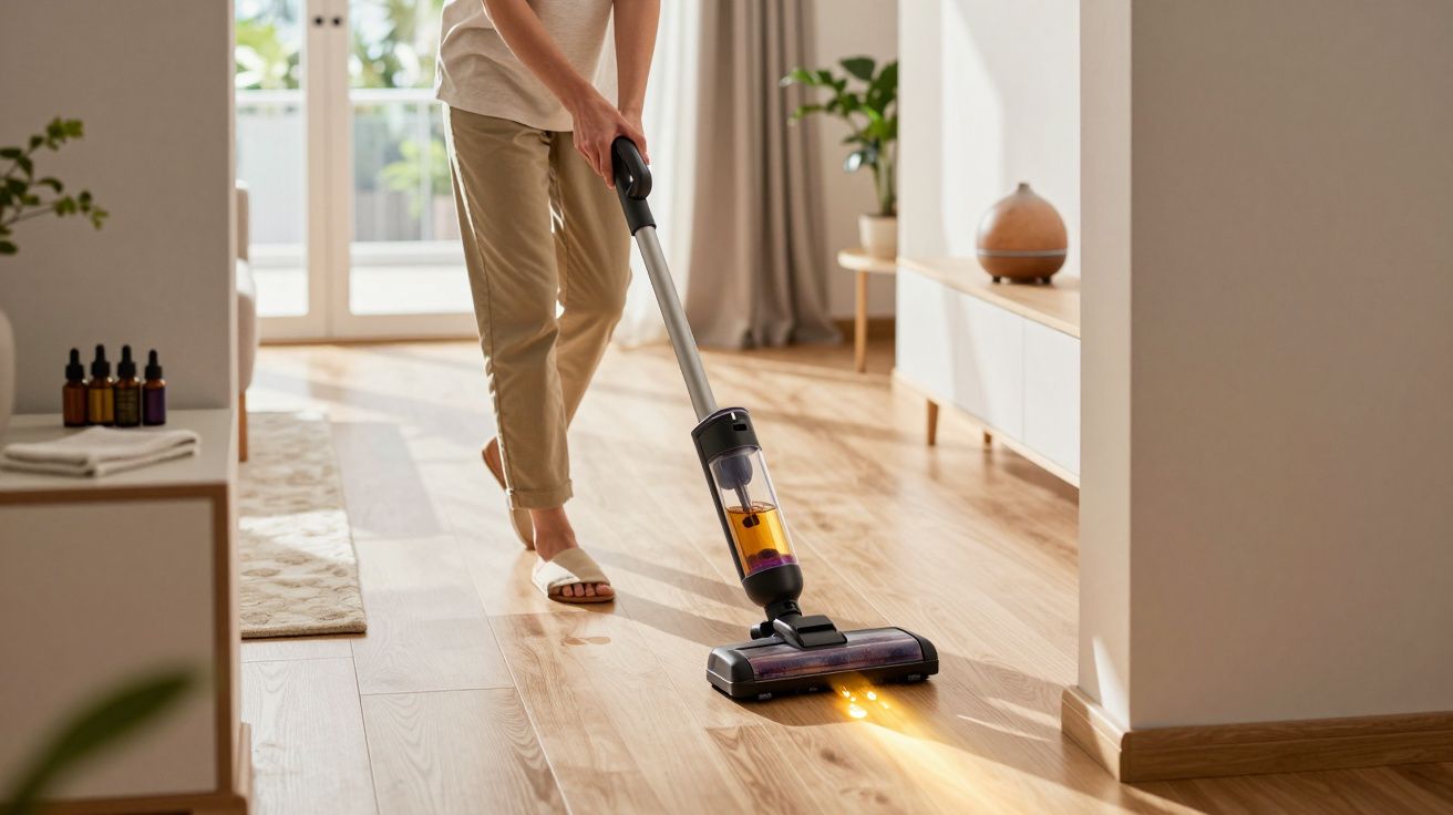 Pessoa a aspirar chão de madeira clara numa sala iluminada e moderna.