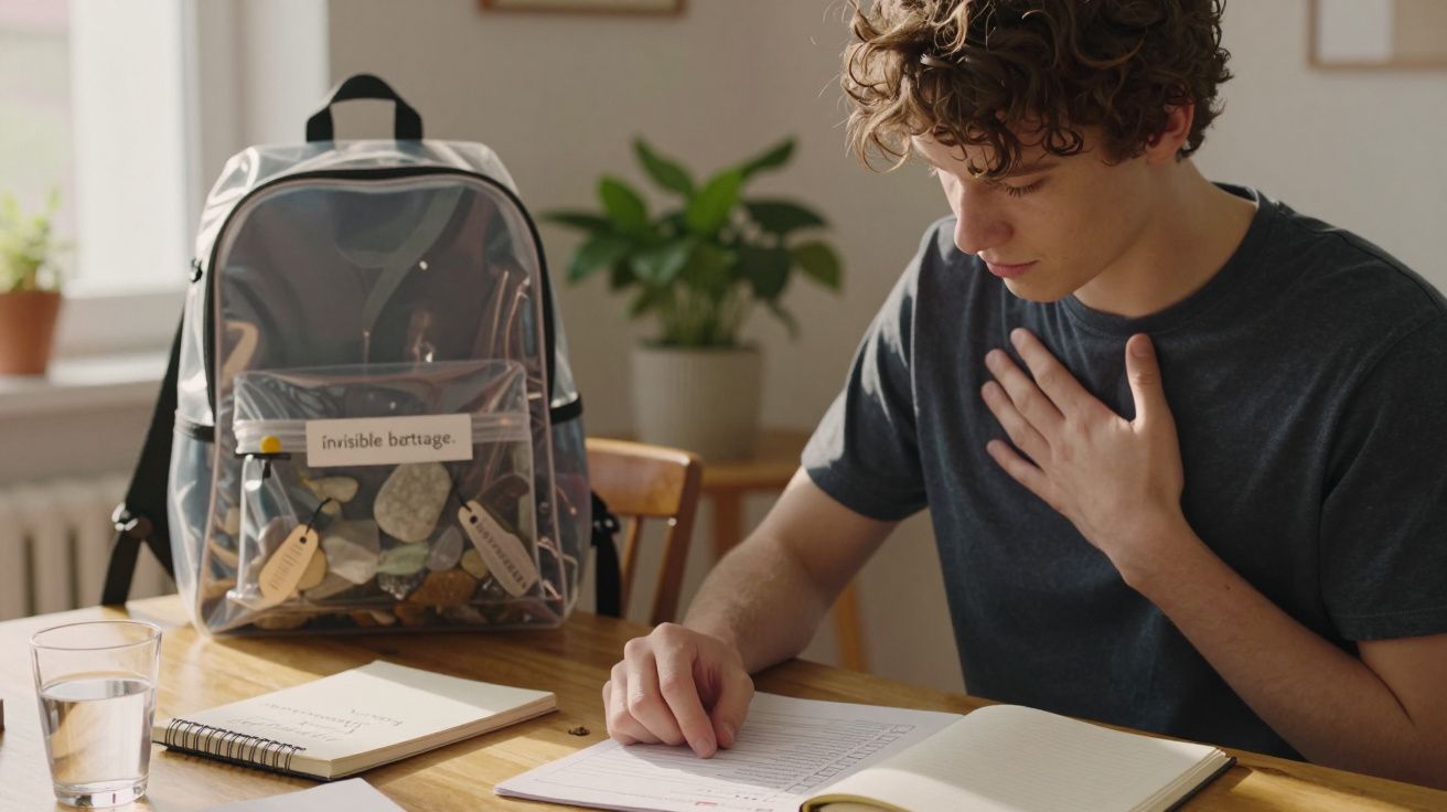 Jovem sentado a ler e a segurar o peito, com mochila transparente cheia de pedras sobre a mesa.