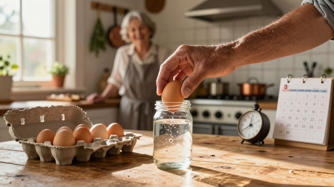 Mão a colocar ovo num frasco com água, mulher sorridente ao fundo numa cozinha iluminada.