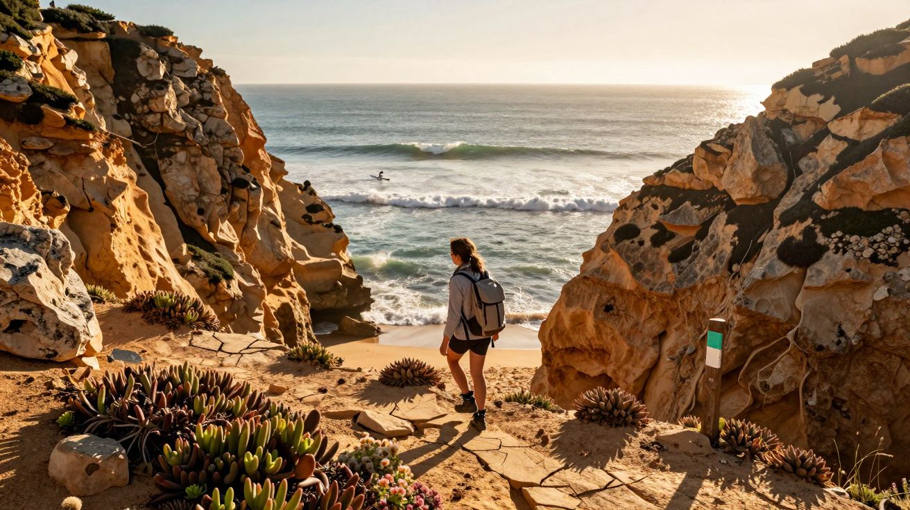 Pessoa a caminhar em trilho rochoso com vista para a praia e mar ao pôr do sol.