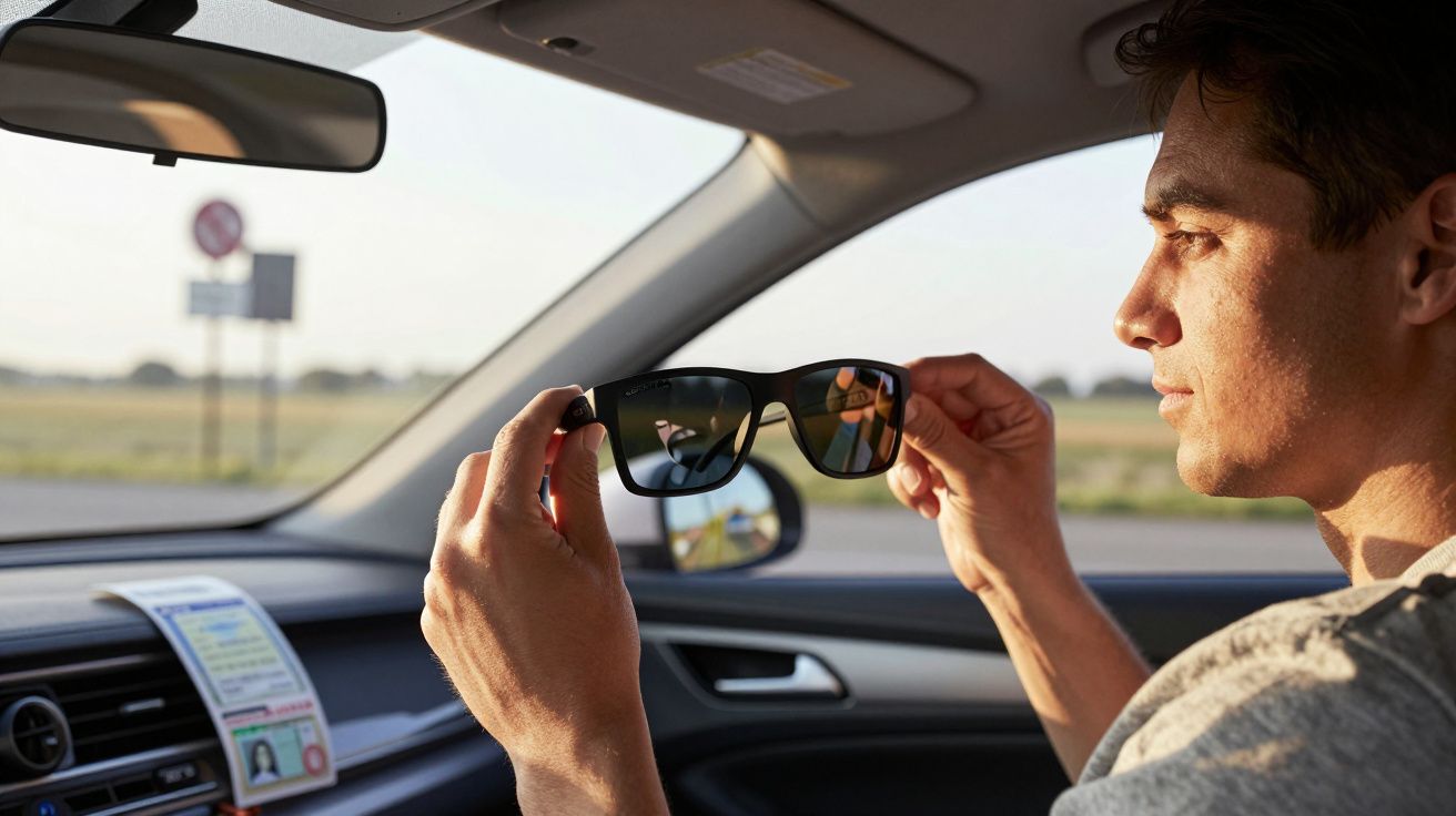 Homem sentado em carro a segurar uns óculos de sol pretos junto ao rosto, olhando para a estrada.