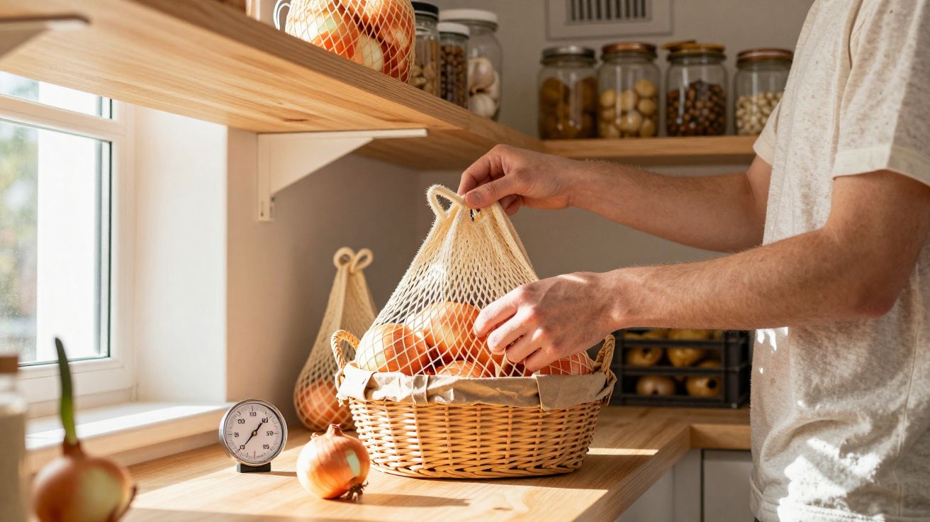 Pessoa a guardar cebolas em saco de rede dentro de cesto de vime numa cozinha bem iluminada.
