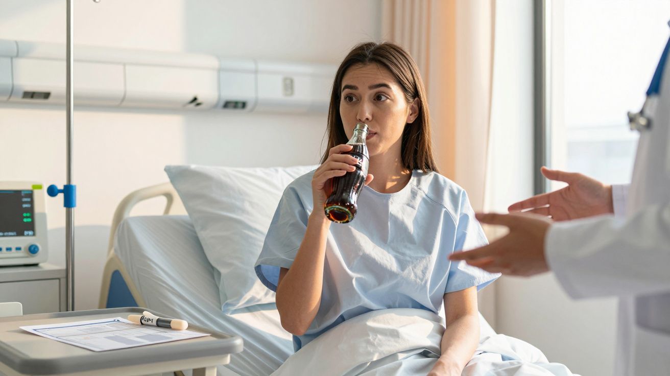 Mulher em cama de hospital a beber refrigerante, com médico a falar e gesticular perto dela.