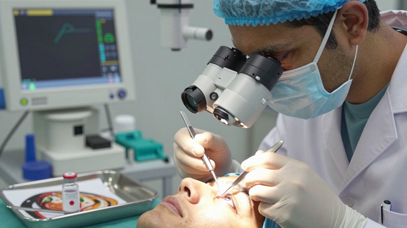 Médico realiza cirurgia ocular usando microscópio e instrumentos em paciente deitado em ambiente clínico.