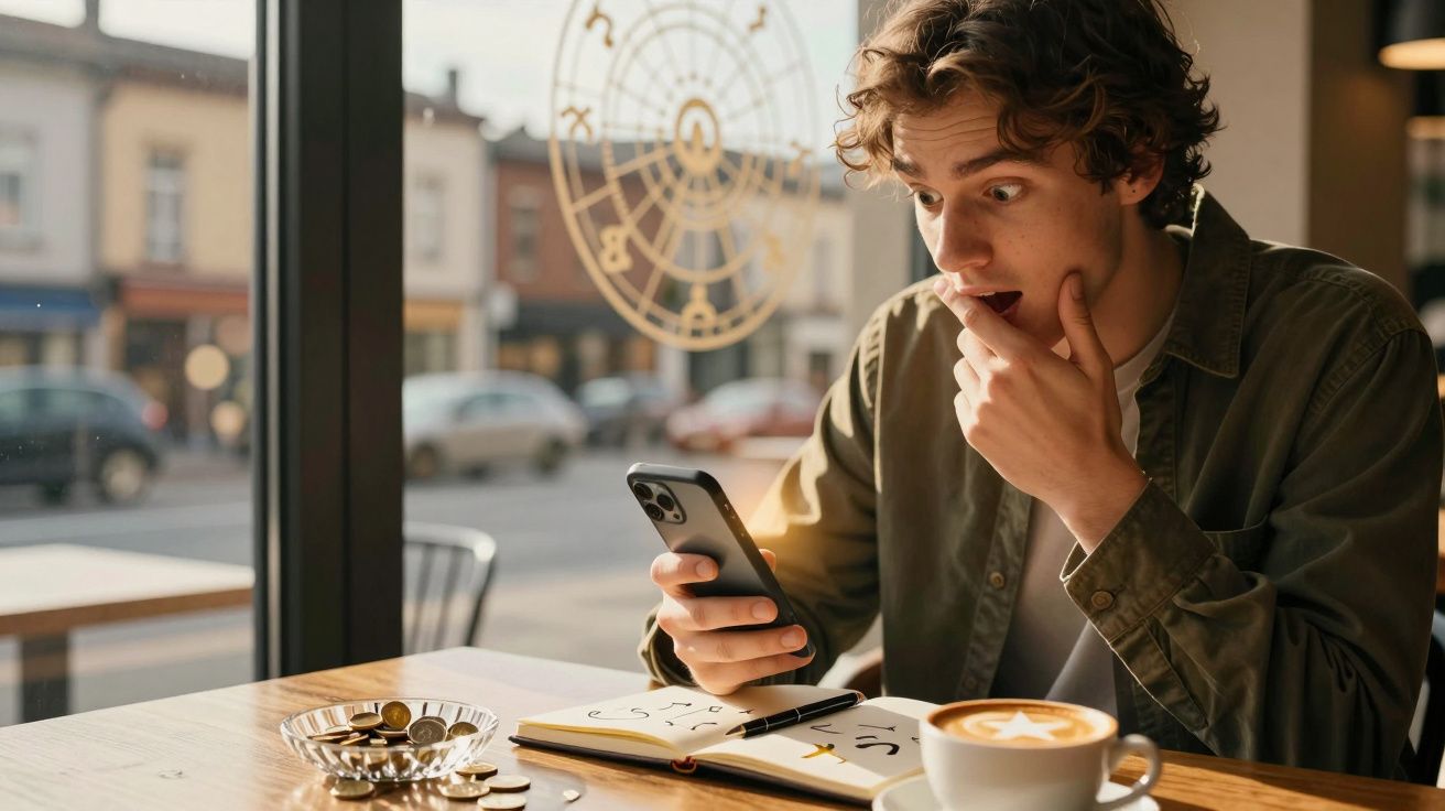 Jovem surpreendido ao olhar para smartphone numa cafetaria, com caderno e café à sua frente.