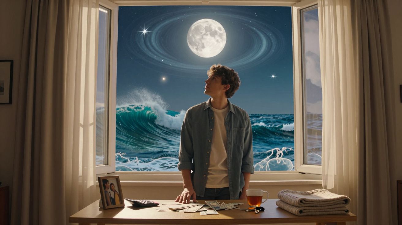 Rapaz observa a janela aberta com vista para um mar agitado e uma lua enorme com anéis brilhantes no céu nocturno.