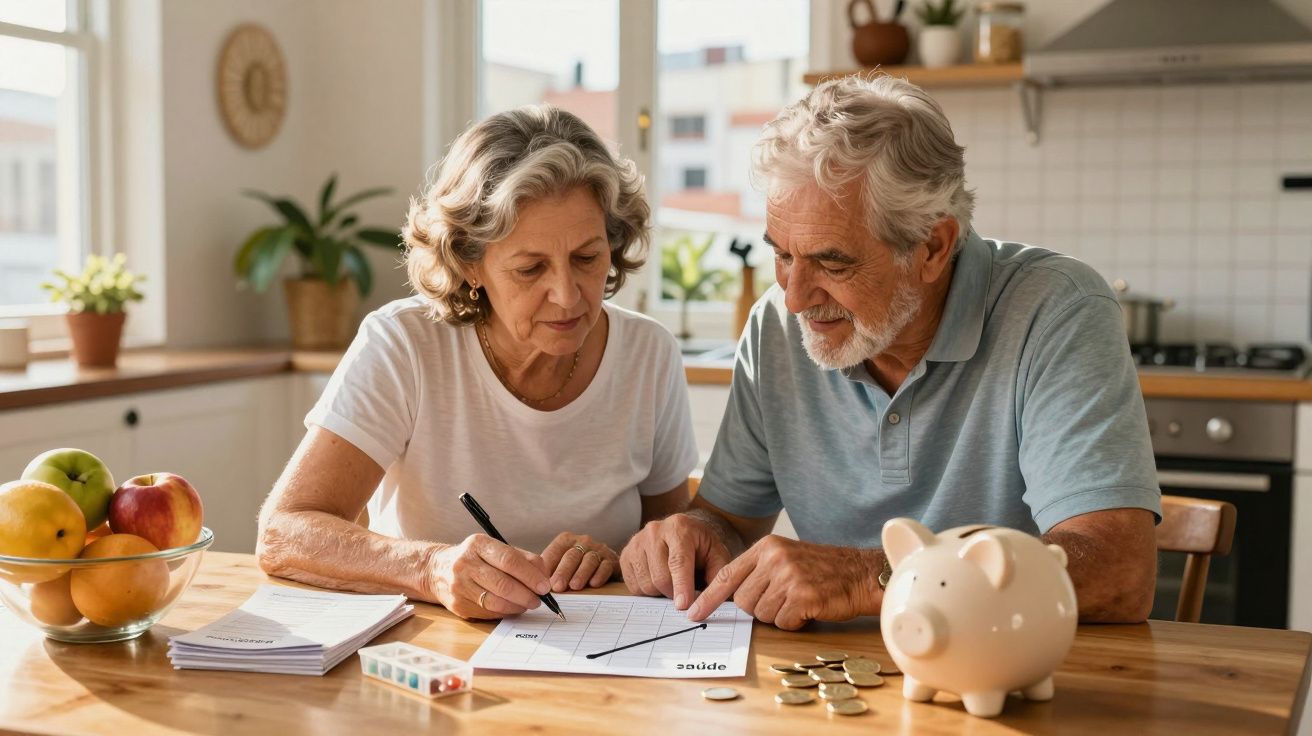 Casal sénior a planear finanças na cozinha com caderno, moedas e mealheiro na mesa.