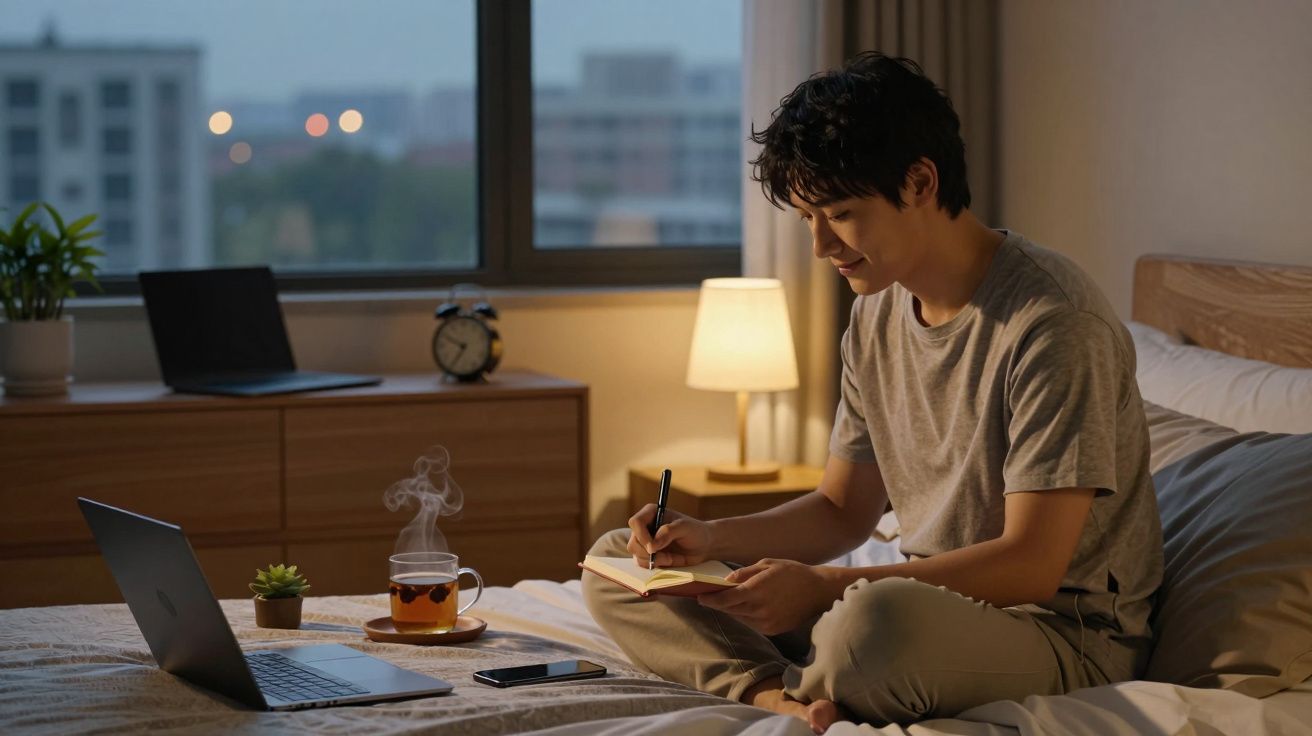 Homem sentado na cama a escrever num caderno, com chá quente, computador portátil e telemóvel à sua frente.