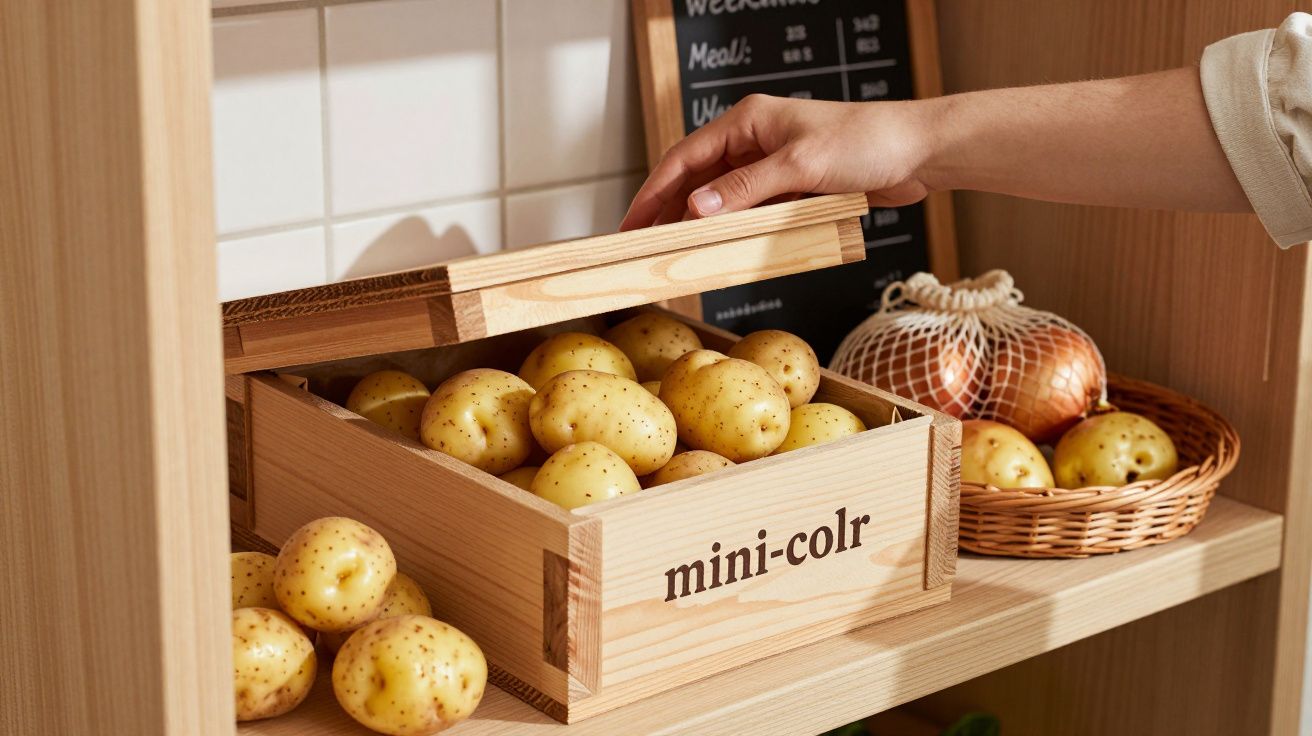 Mão a abrir caixa de madeira cheia de batatas numa prateleira com cesto de cebolas e quadro de preços ao fundo.
