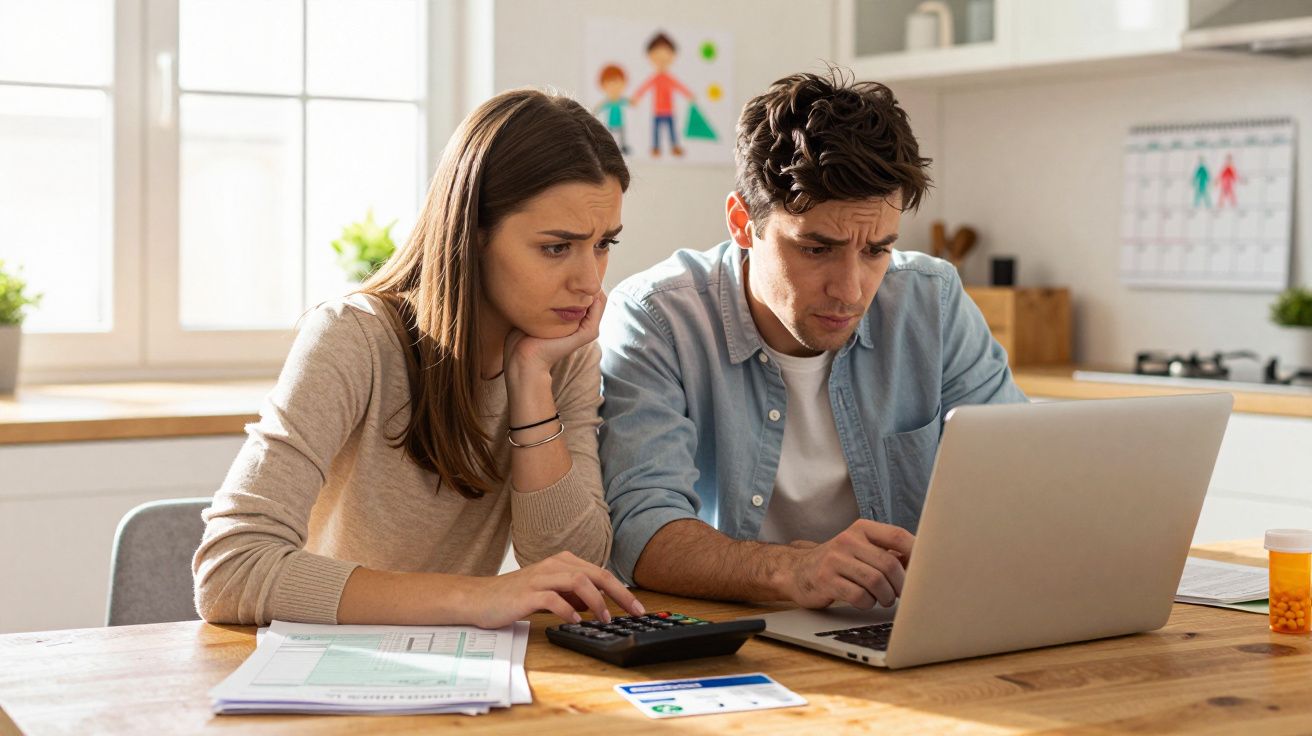 Casal preocupado analisa documentos e fatura no portátil enquanto calcula despesas numa cozinha iluminada.