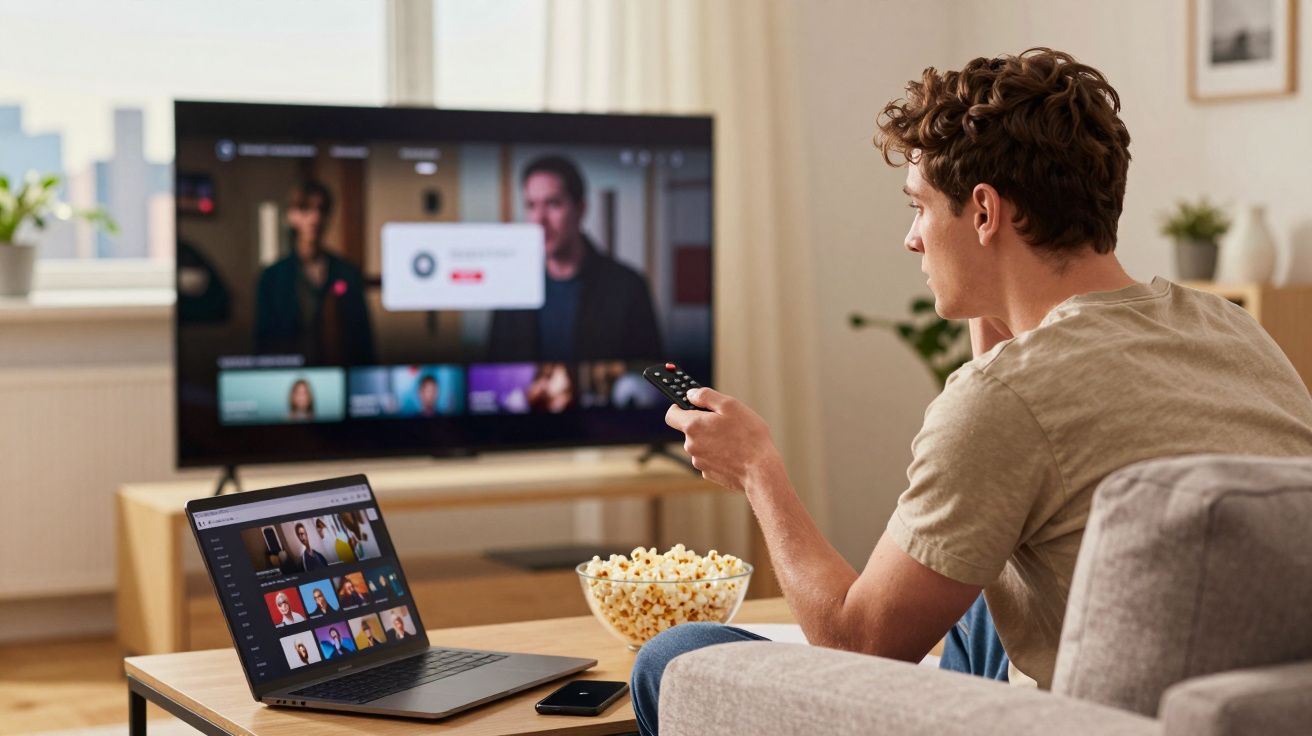 Jovem sentado no sofá a usar comando para TV, com portátil aberto e taça de pipocas numa mesa à frente.