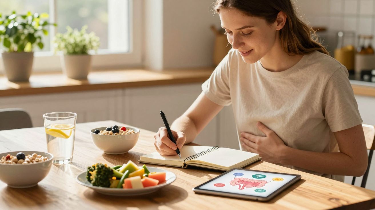 Mulher sentada à mesa, a escrever num caderno, com alimentos saudáveis e um tablet com ilustração do sistema digestivo.