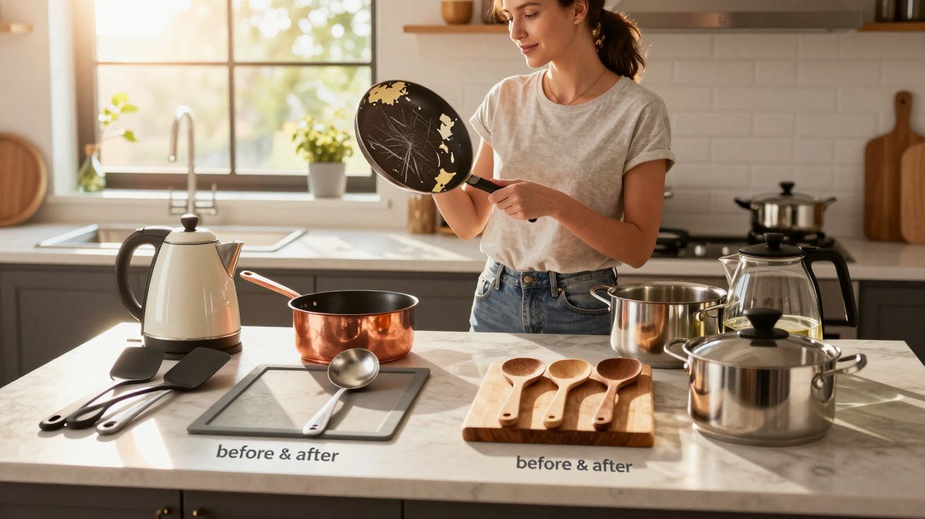 Mulher numa cozinha segurando frigideira antes e depois de ser limpa sobre bancada com panelas e utensílios.