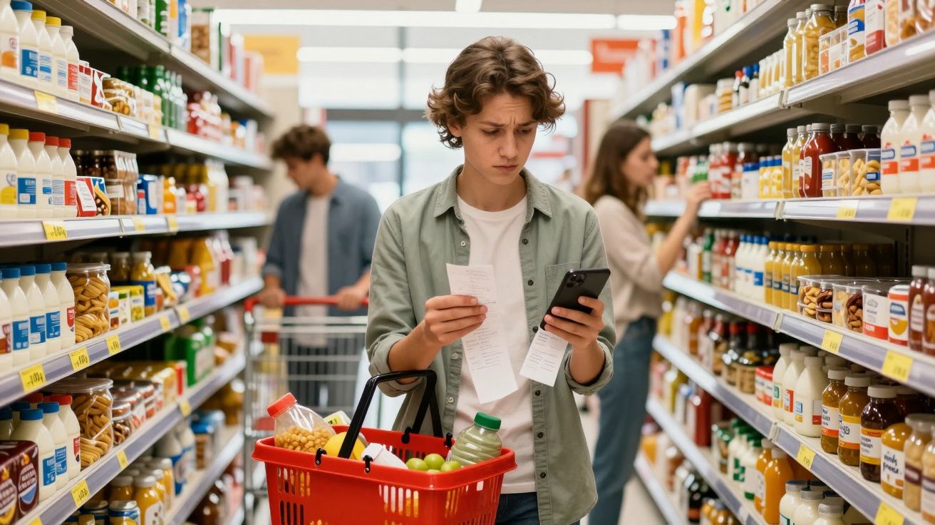 Jovem no supermercado com cesta de compras, consulta telefone e verifica lista de compras.