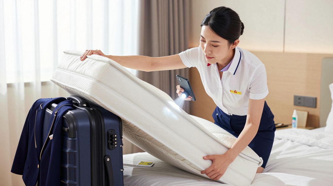 Mulher a inspeccionar colchão com lanterna e telemóvel num quarto de hotel.