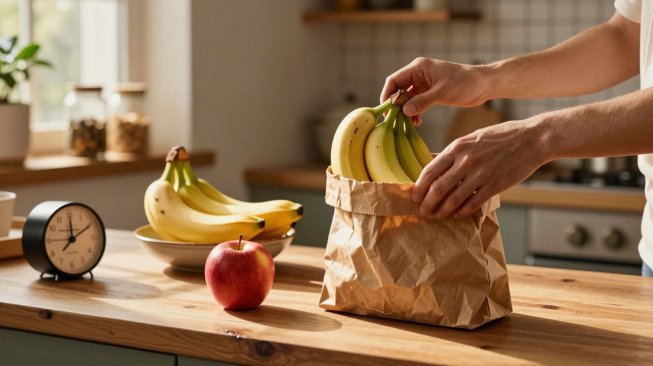 Pessoa a guardar cachos de bananas numa cozinha com maçã e relógio numa mesa de madeira.