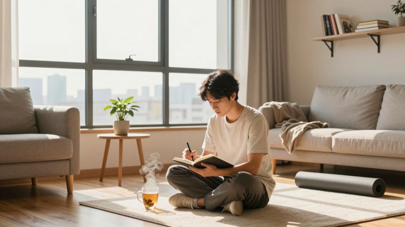 Jovem sentado no chão de sala luminosa a escrever num caderno com chá a vapor numa chávena ao lado.