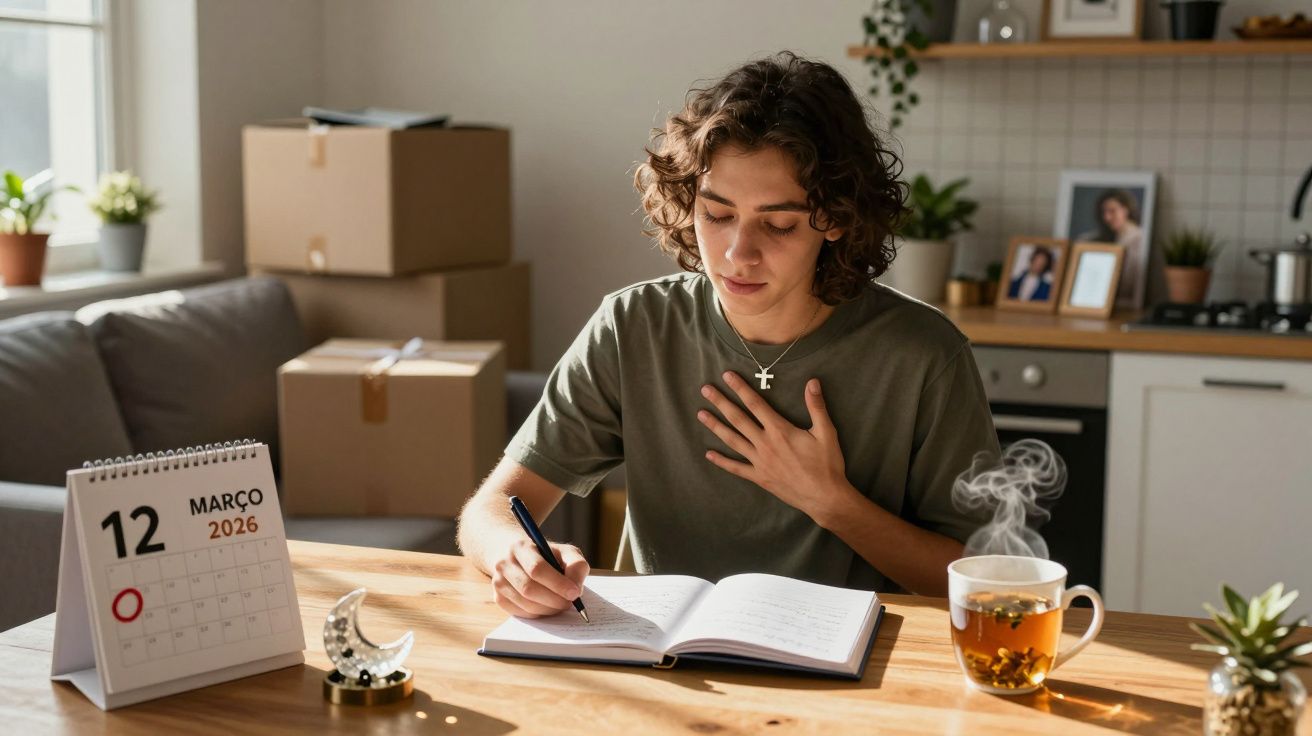 Pessoa jovem a escrever num caderno à mesa com chá quente, calendário marcado a 12 de março de 2026 e caixas de mudança ao fu