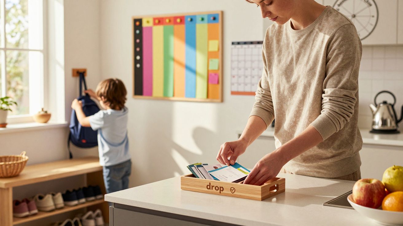 Adulto a organizar cartões num carregador de telemóvel enquanto criança arruma mochila num armário perto da janela.