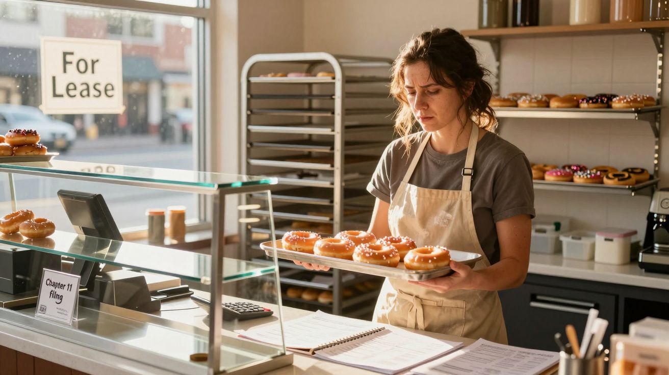 Mulher numa pastelaria a preparar uma bandeja com donuts num ambiente tranquilo e bem iluminado.