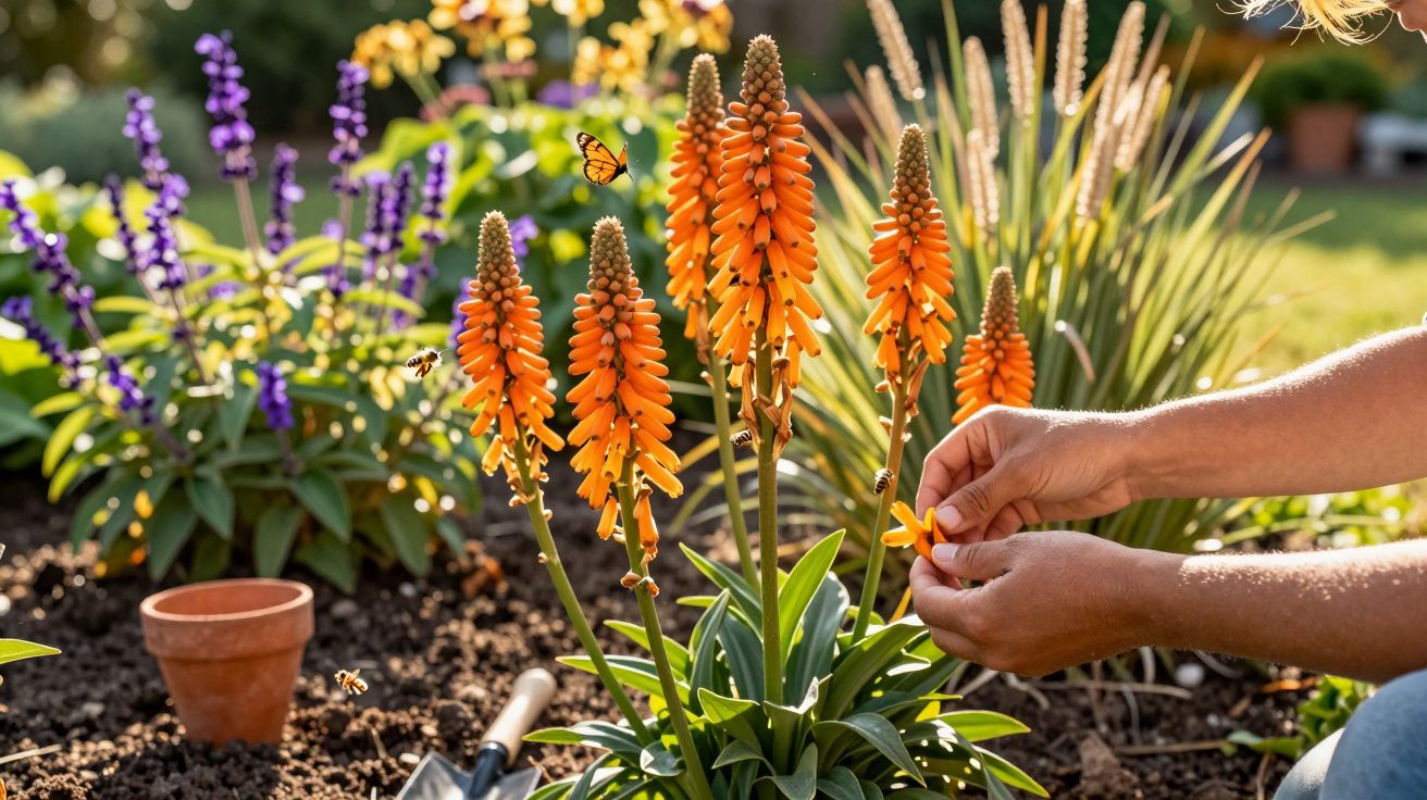 Mãos a cuidar de plantas com flores laranja em jardim ensolarado, com abelhas e borboleta a sobrevoar.