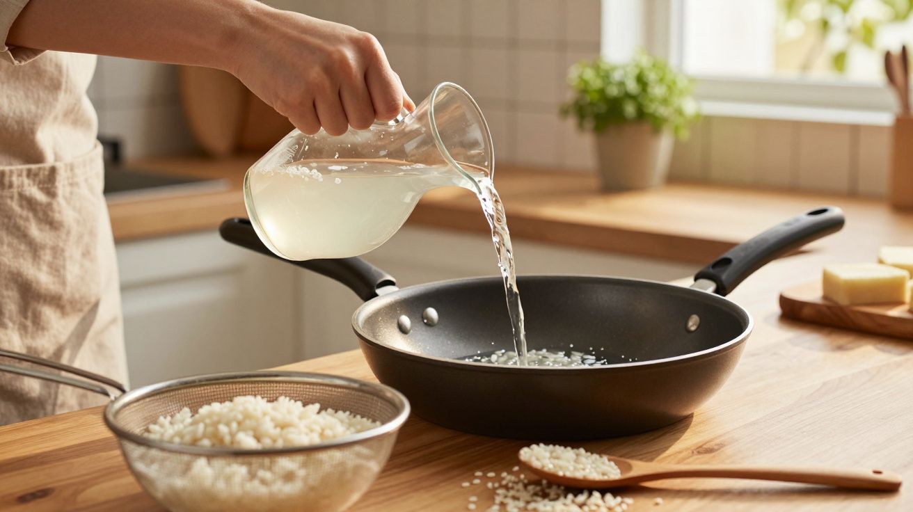 Pessoa a verter líquido num tacho, com arroz numa taça e numa colher de pau numa bancada de cozinha.