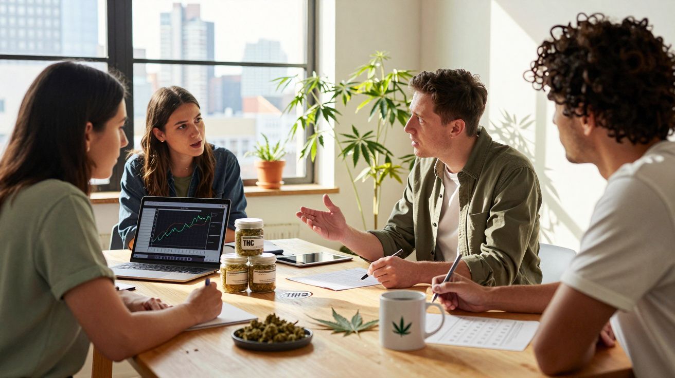 Quatro jovens em reunião de trabalho sobre canábis, com gráficos e produtos numa mesa de madeira iluminada.