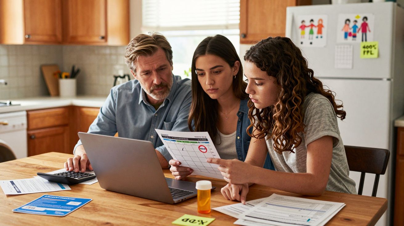 Três pessoas a analisar documentos e calendário numa mesa de cozinha com computador portátil e medicamentos.
