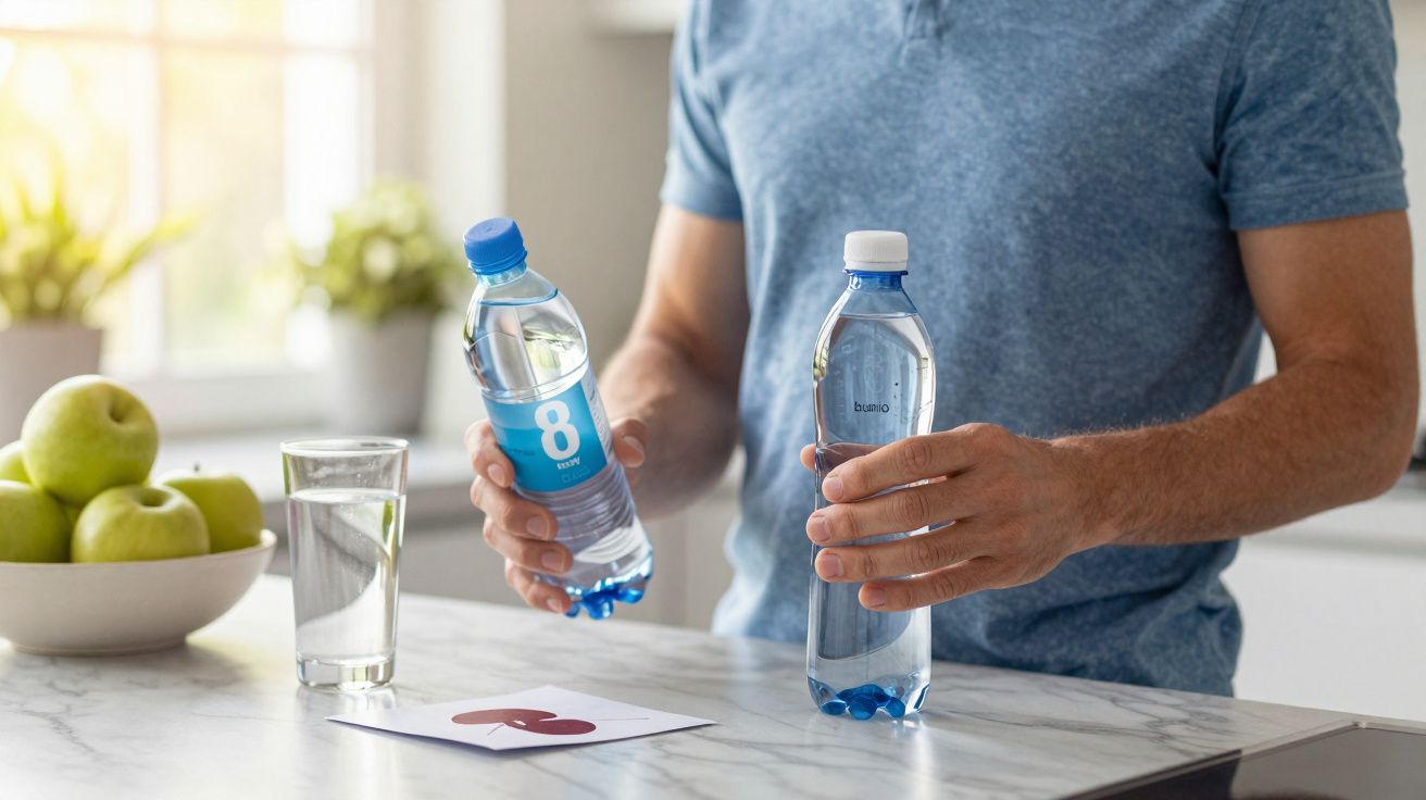 Homem na cozinha segurando duas garrafas de água em cima de bancada com maçãs verdes e copo de água.