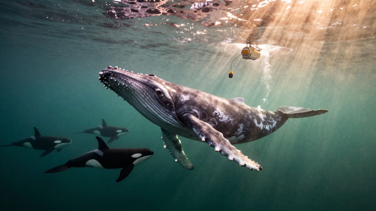 Baleia e três orcas nadam próximas de dispositivo flutuante sob a luz do sol no oceano.