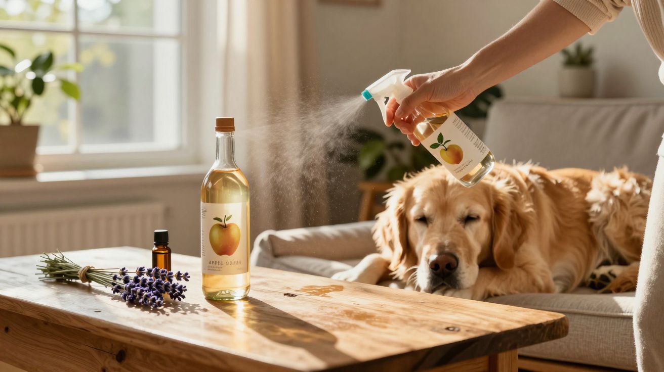 Pessoa a borrifar spray com imagem de maçã num cão dourado deitado num sofá junto a mesa com lavanda e garrafas.