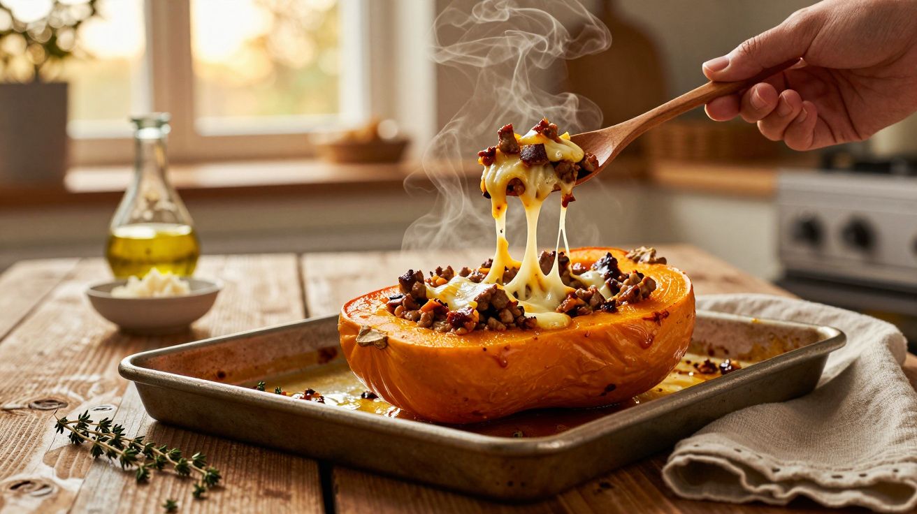 Meio abóbora assado recheado com carne e queijo derretido a ser servido com colher de pau.