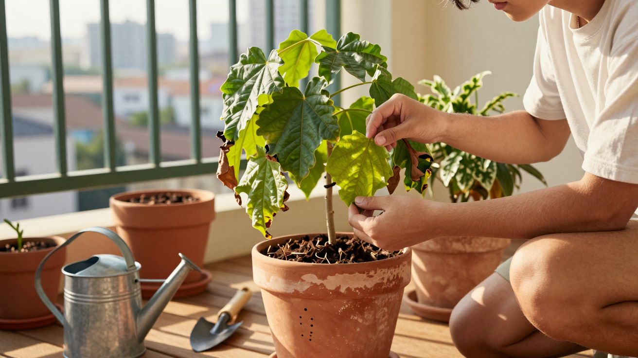 Pessoa a cuidar de planta em vaso de barro num terraço com regador e enxada ao lado.