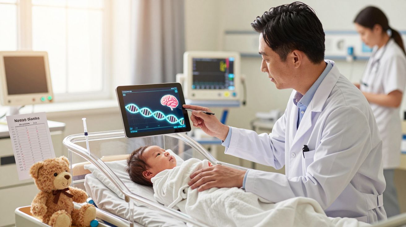 Médico com bata branca examina recém-nascido num berço hospitalar com imagens de ADN e cérebro no tablet.