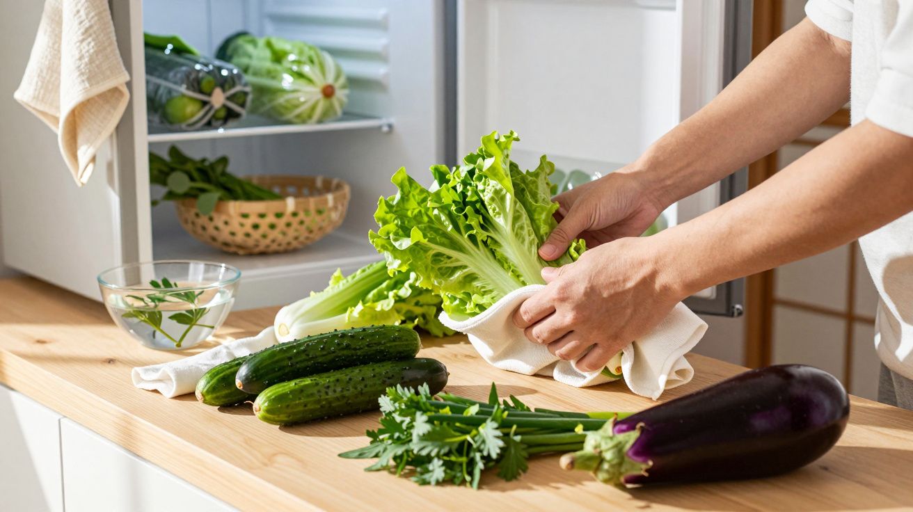 Pessoa a secar alface com pano, com pepinos, beringela e ervas numa bancada de cozinha.
