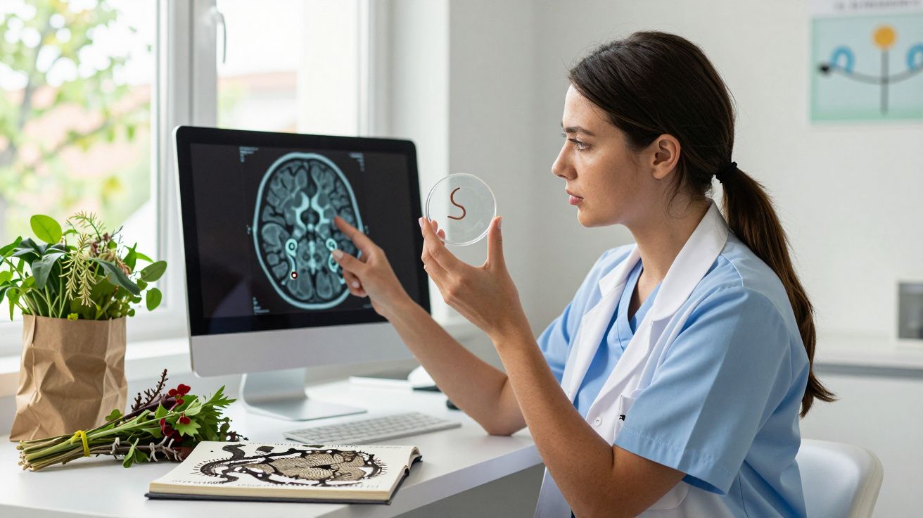 Médica a analisar imagens cerebrais num computador, segurando uma placa de Petri num consultório.