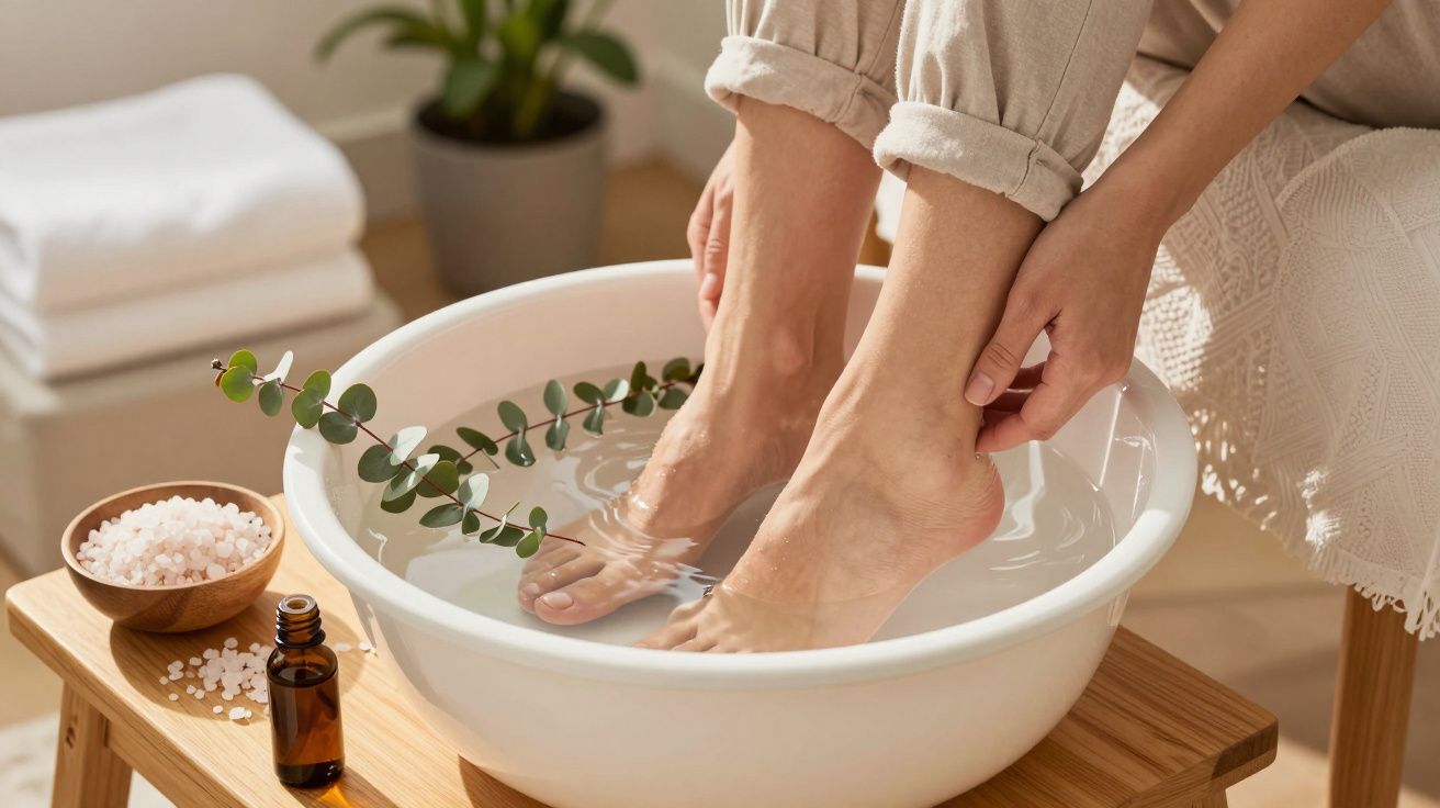 Pés femininos em imersão numa bacia branca com água, sal grosso e óleo essencial em ambiente relaxante.