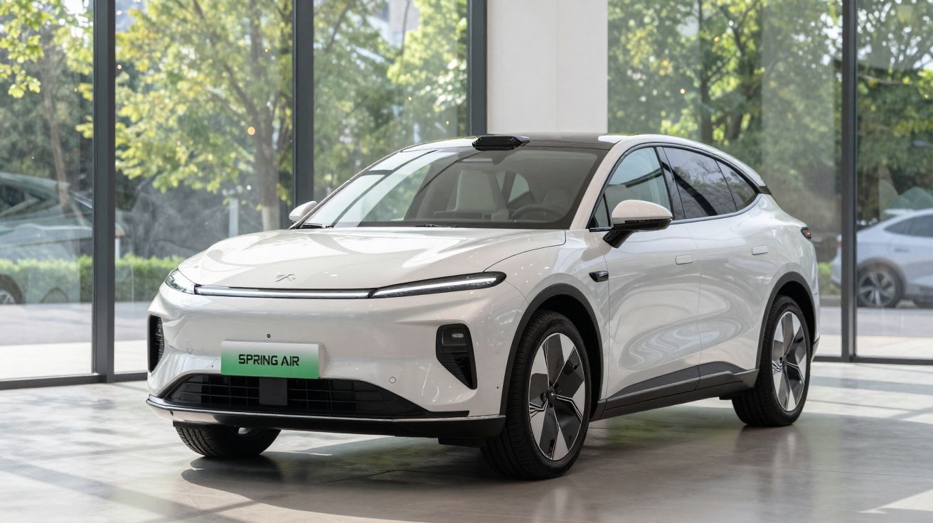 Carro elétrico branco modelo Spring Air estacionado em sala com janelas grandes e árvores ao fundo.